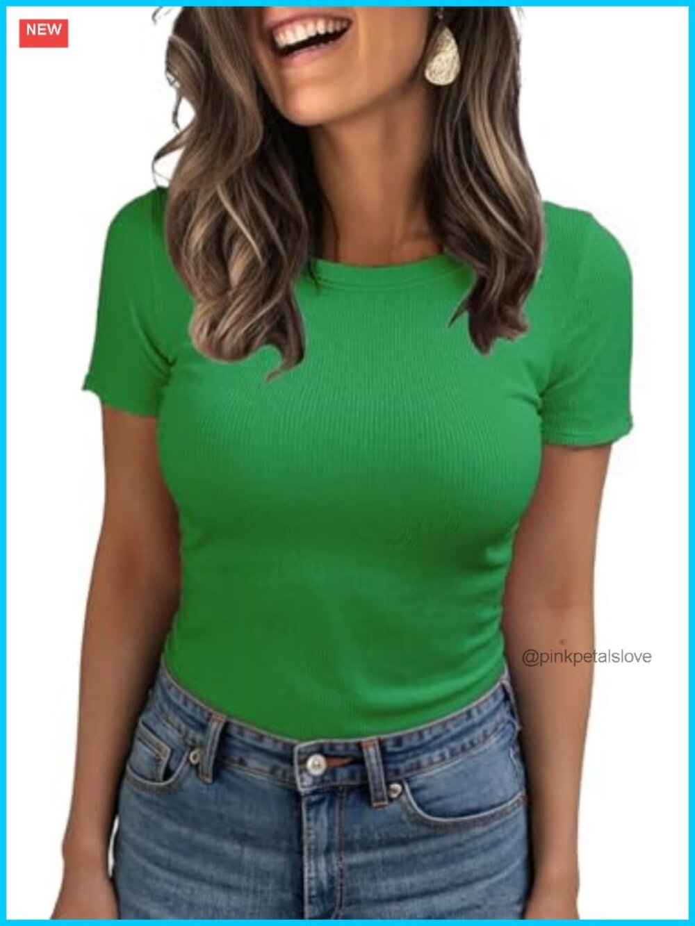 Womens Ribbed Knit Short Sleeve Crew Neck Slim Fitted Basic Casual Top